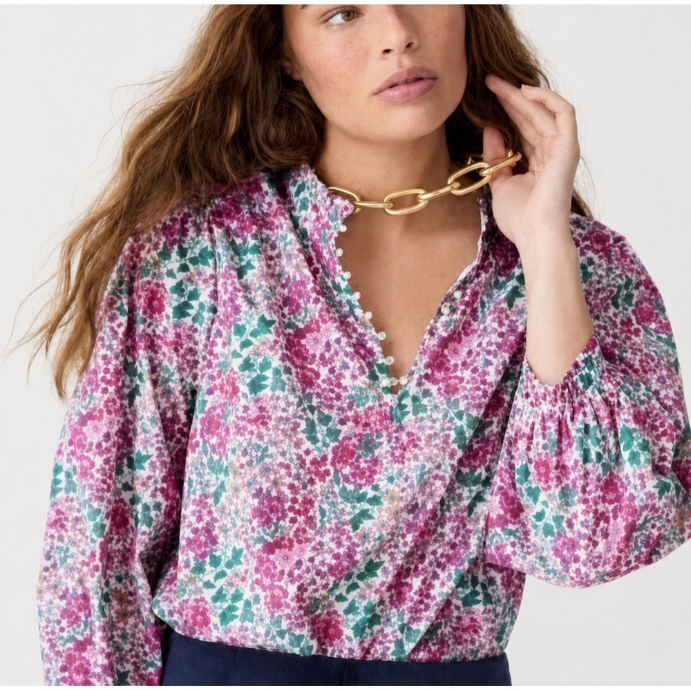 J.Crew Liberty Fabric Floral Ruffle Collar Blouse Pink Green XXS BT807